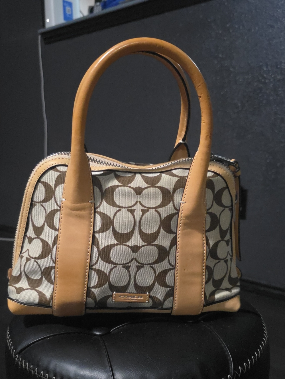 Coach Beige/Brown Signature Canvas Satchel with Tan Leather Trim